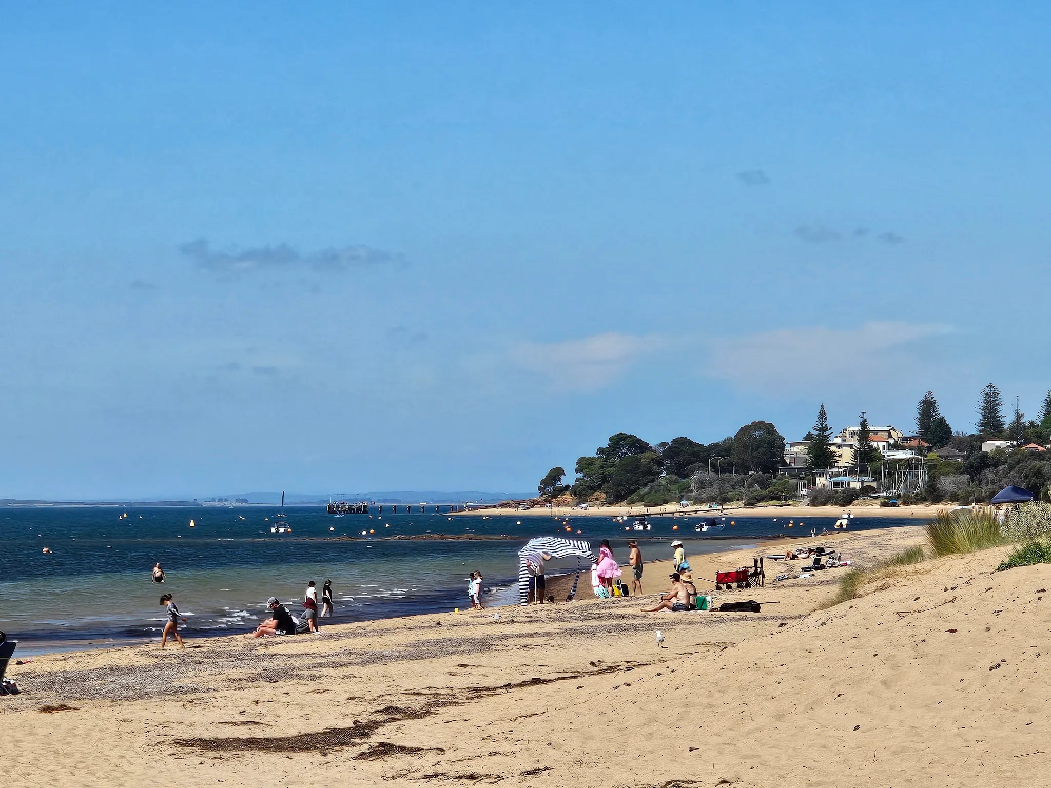 Busy summer beach with families, calm blue bay and township visible across the water